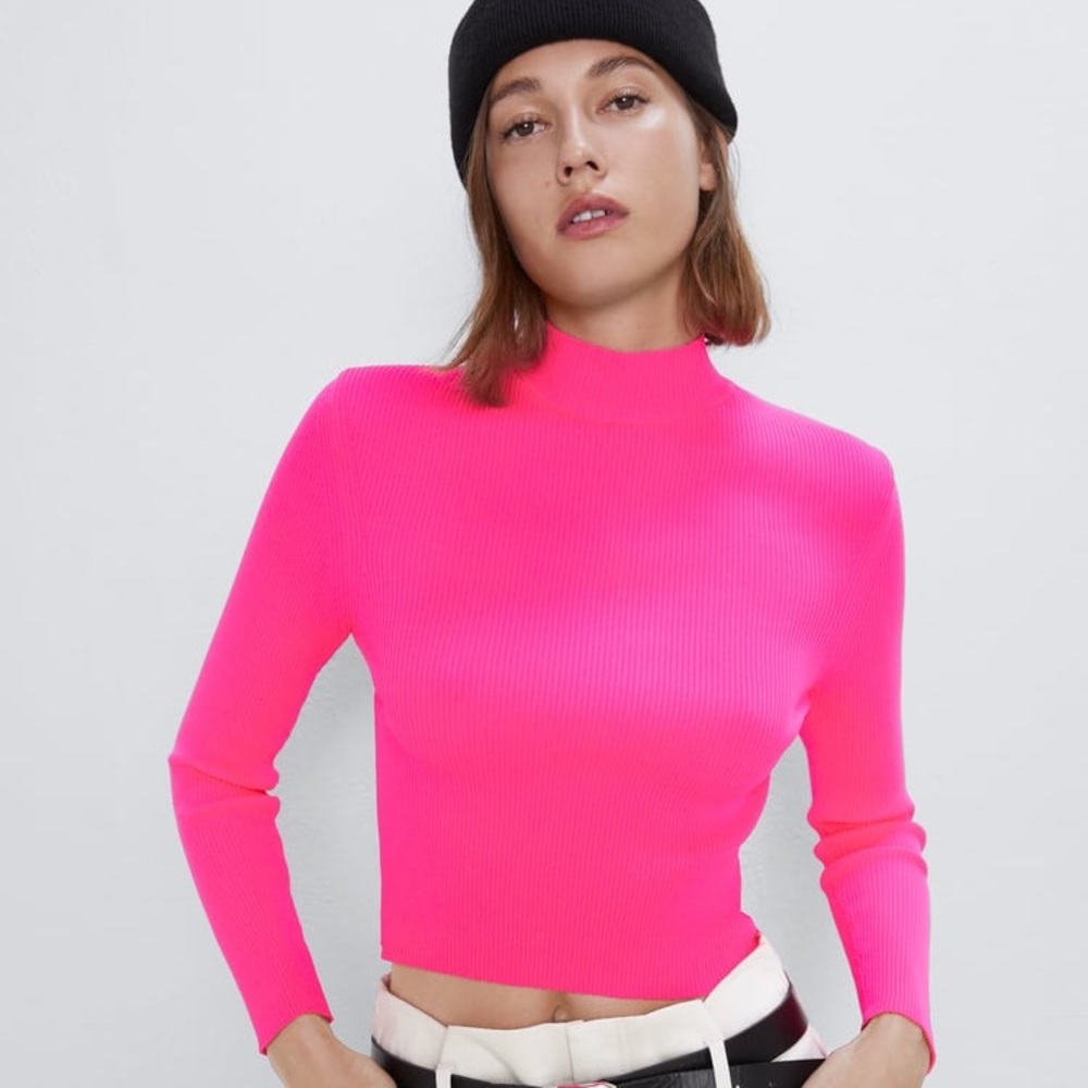 ZARA NEON PINK ribbed turtleneck long sleeve top